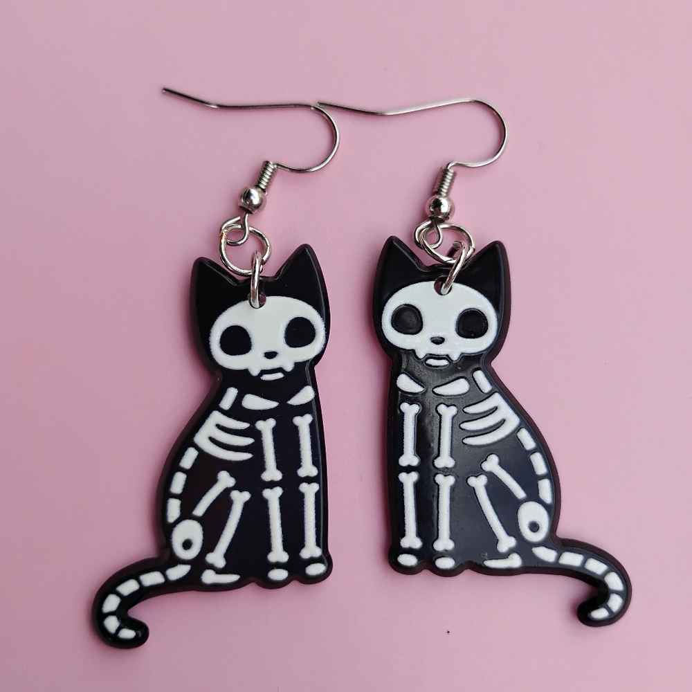 Halloween Skeleton Cat Earrings 18k Gold Plated French Hooks